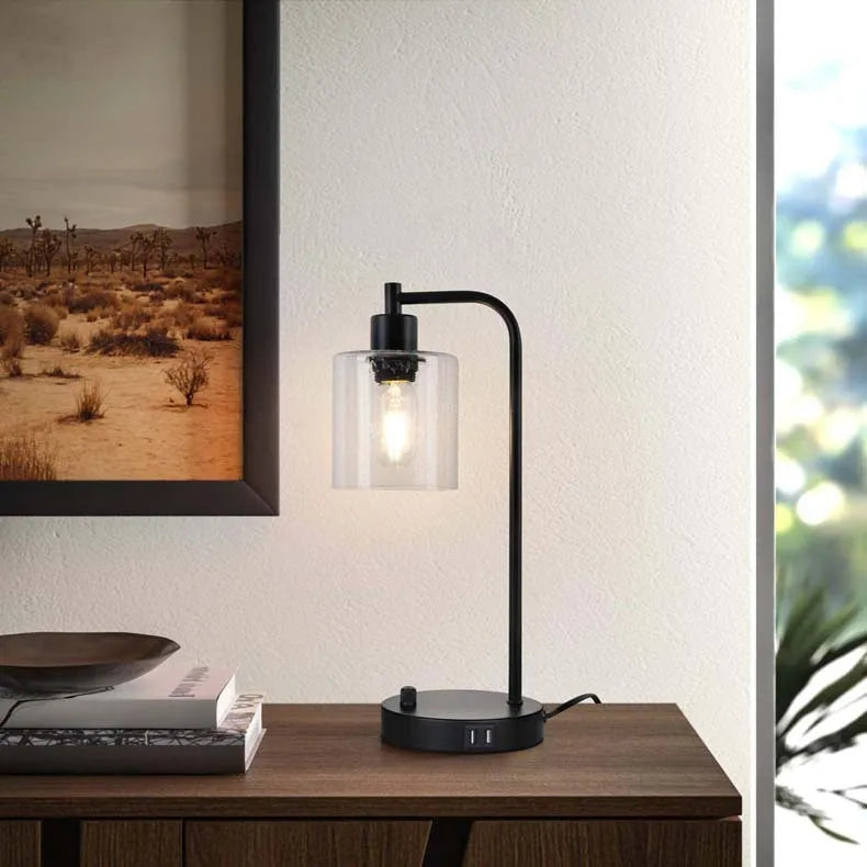 Minimalist Modern Industrial Retro Glass Table Lamp Knob Dimmer Switch USB Mobile Phone Charging Bedroom Bedside Night Light