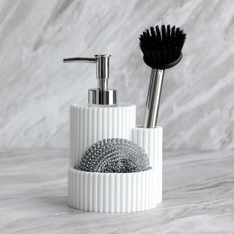 Kitchen Soap Dispenser Detergent replacement bottle Sink Dish Washing brush Sponge Holder 3 in 1 Includes sponge and brush