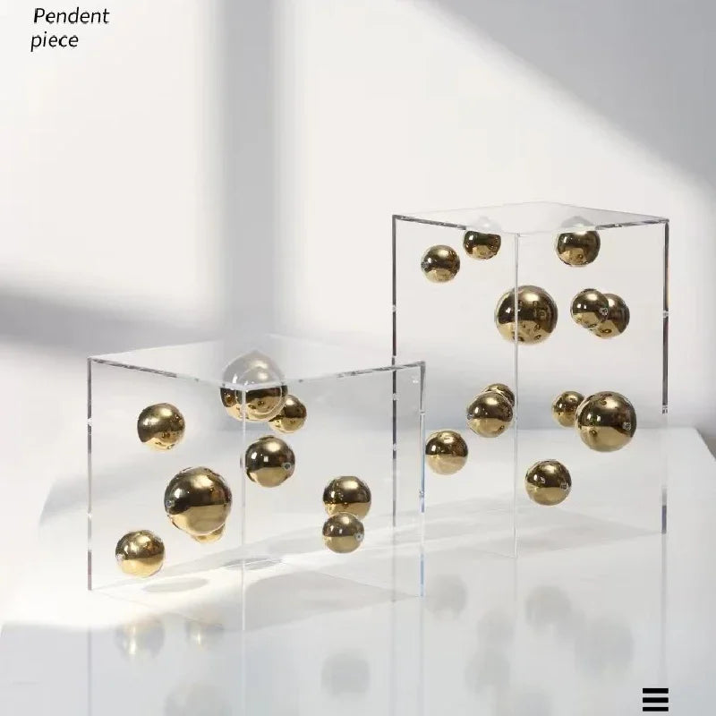 Geometric Metal Ball Art Transparent Acrylic Box Ornaments Modern Minimalist Square Living Room Decorations Desktop Furnishings