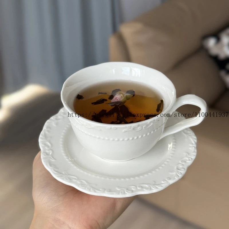 French Light Luxury Embossed Floral Coffee Cup And Plate Set Exquisite Afternoon Tea Ceramic Cup