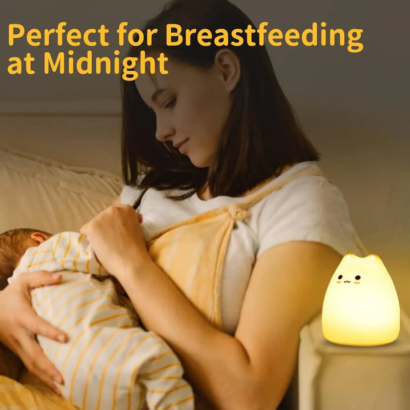 Cute Kitty Night Light,Battery Powered Silicone Lamp with Warm White & 7-Color Breathing Modes,Touch Sensor Control,Gift for Ho
