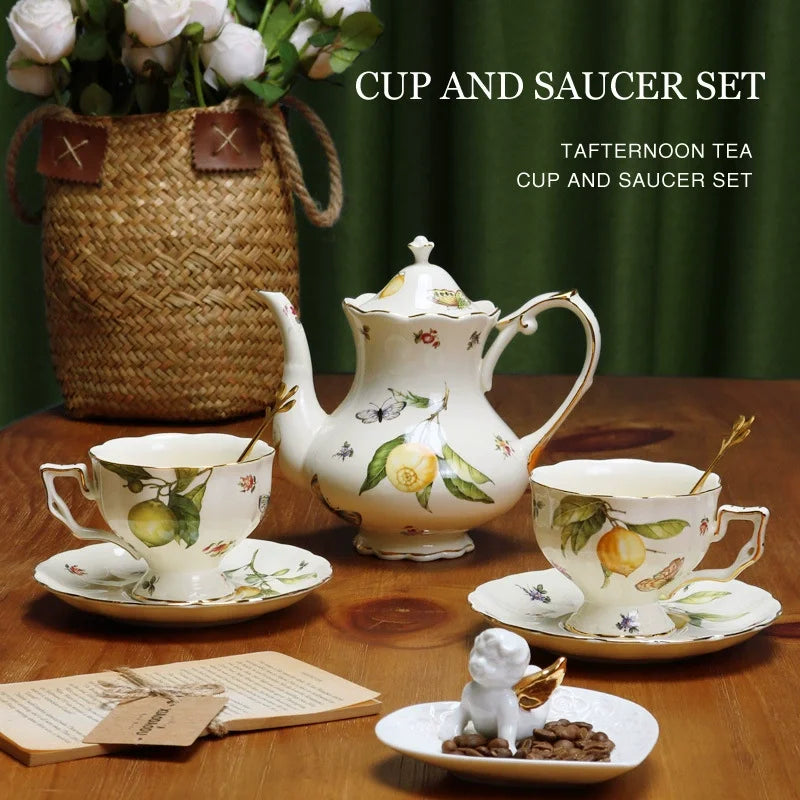 European Style Ceramic Mug Coffee Cup and Saucers Set Lemon Pattern Retro Afternoon tea cup Dessert Plate Teapot Home kettle
