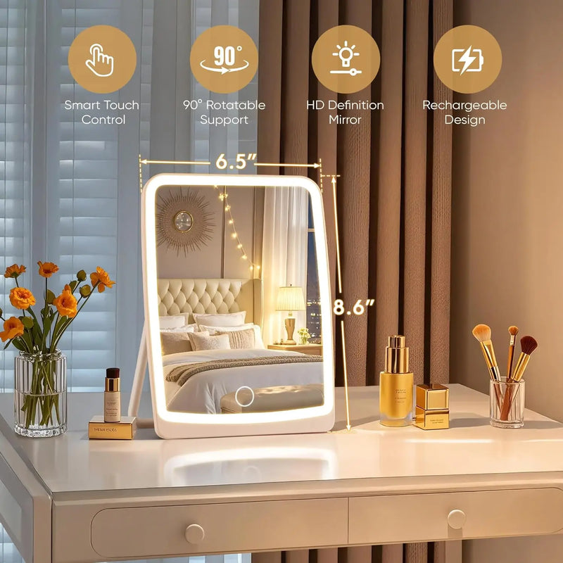 LED Compact Rechargeable Makeup Mirror with 3-Color Lighting, Dimmable Touch Screen, Lighted Travel and Tabletop Cosmetic Mirror