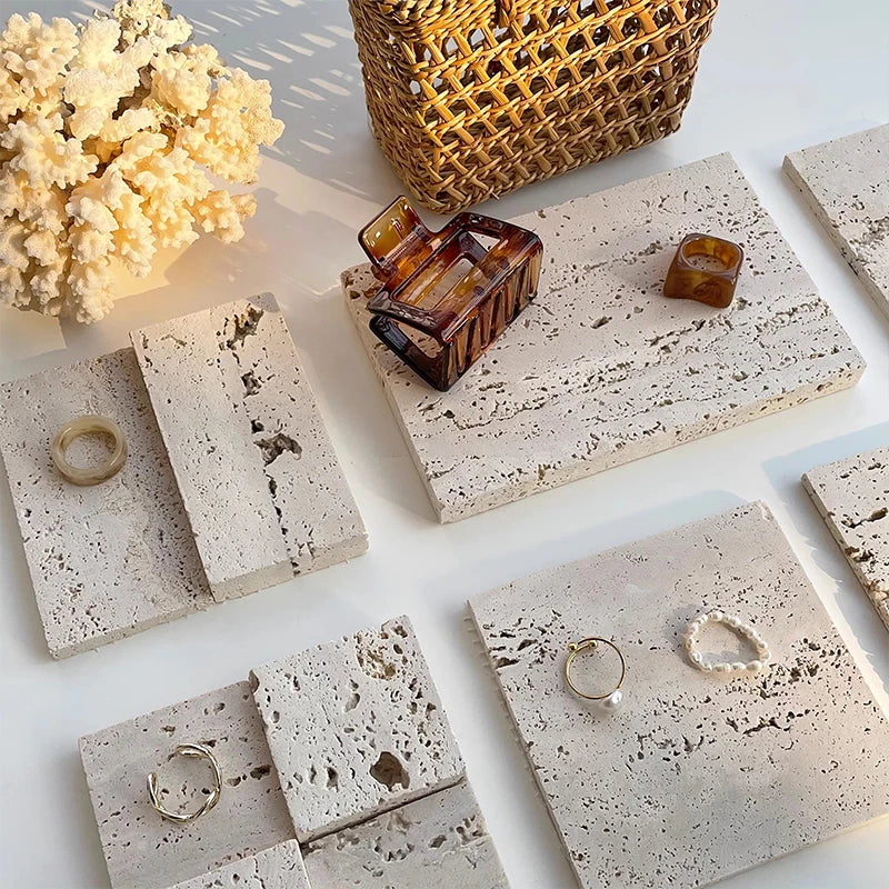 Travertine Marble Jewelry Holder, Stone Vanity Tray for Makeup Photography, Earring Display ,Artisan Crafted Wabi Sabi Decor