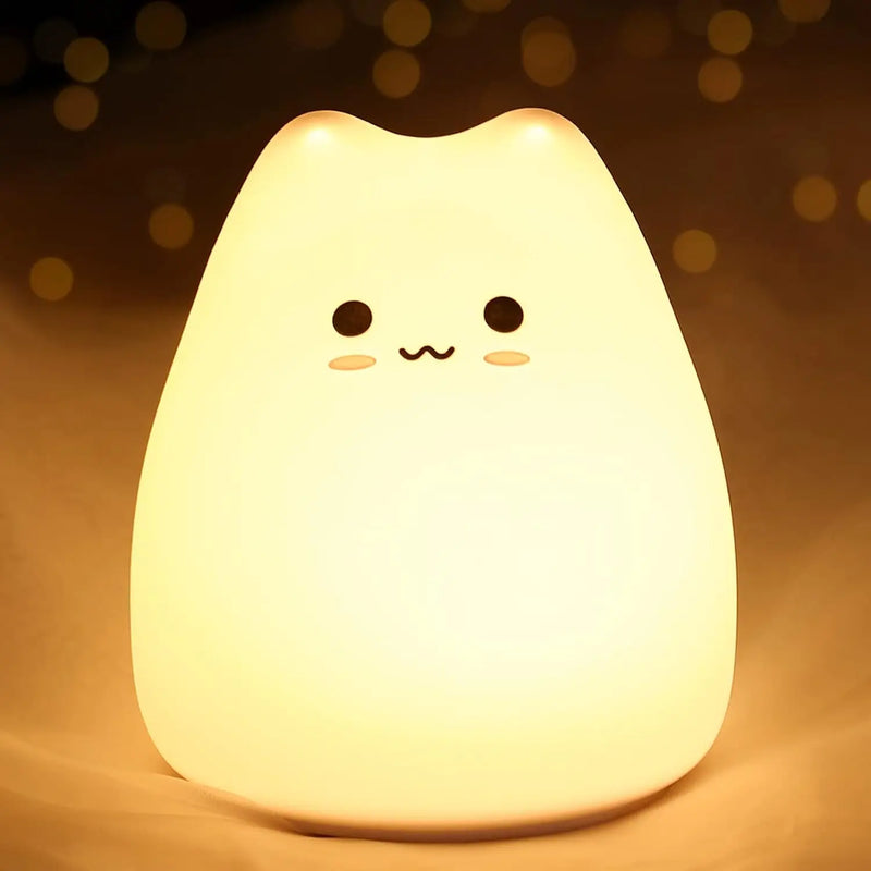 Cute Kitty Night Light,Battery Powered Silicone Lamp with Warm White & 7-Color Breathing Modes,Touch Sensor Control,Gift for Ho