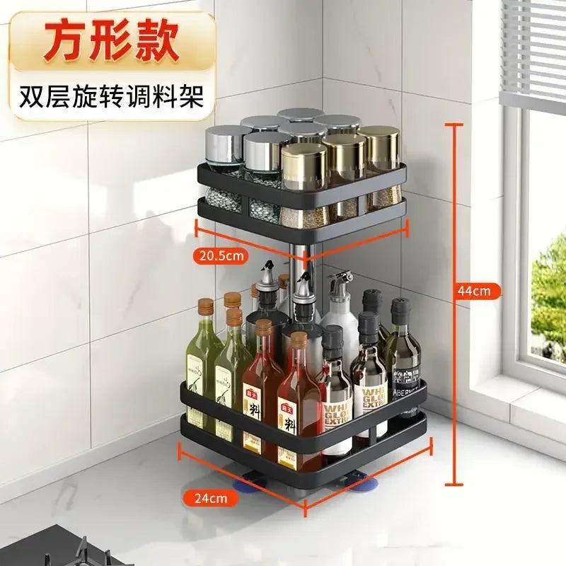 Kitchen Rotatable Storage Rack Condiment Holder Salt Oil Sauce Vinegar Spice Jar Rack Seasoning Storage Box Organizers Shelves