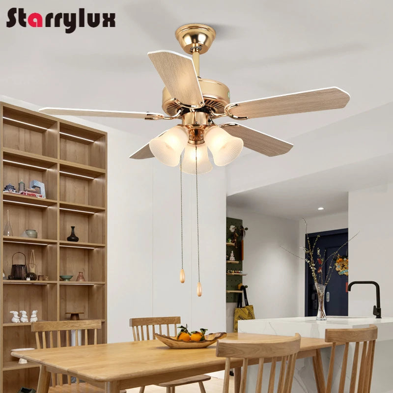 5-Blade LED Ceiling Fan Light, Wood/Metal Blades, Glass Shade, Vintage Style Fan Lamp, for Bedroom/Living Room