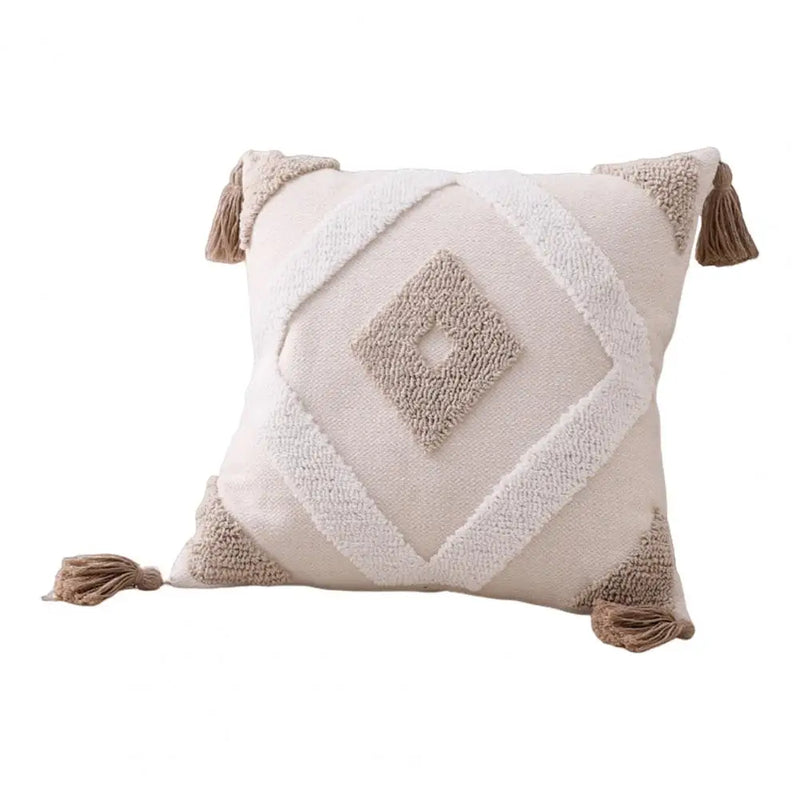 Unique Boho Throw Pillow with Braided Rope Pattern Handmade Tassels Cushion Soft Cotton Linen Textured Cushion for Sofa Bed
