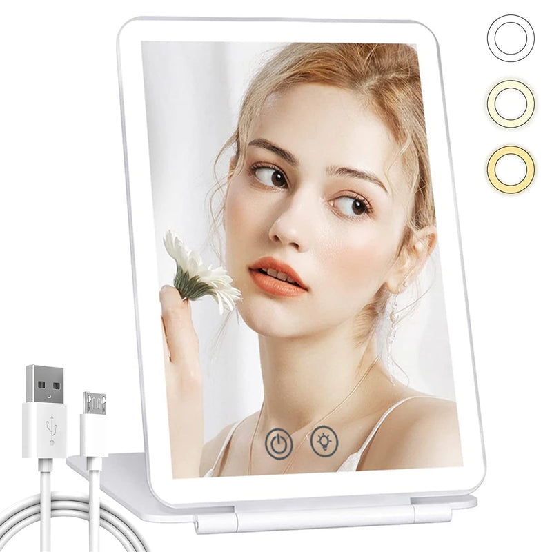 Folding Travel Mirror with 80 LEDs Ultra Thin Makeup Mirror Dimmable Touch Screen USB Rechargeable Portable for Makeup
