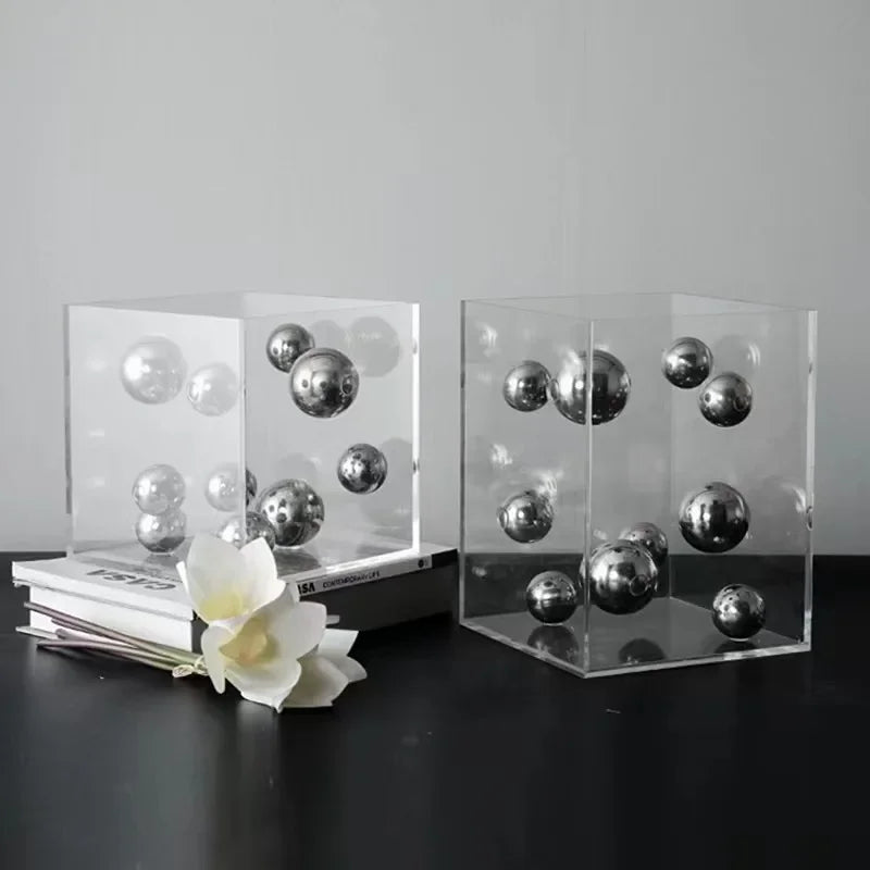 Geometric Metal Ball Art Transparent Acrylic Box Ornaments Modern Minimalist Square Living Room Decorations Desktop Furnishings
