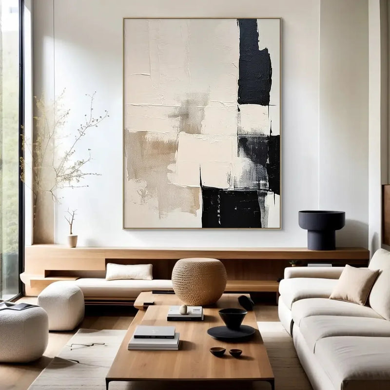 Large Canvas Black Beige Abstract Hand Painted Painting Minimalist Textured Wall Art Handmade Canvas Painting Living Room Decor