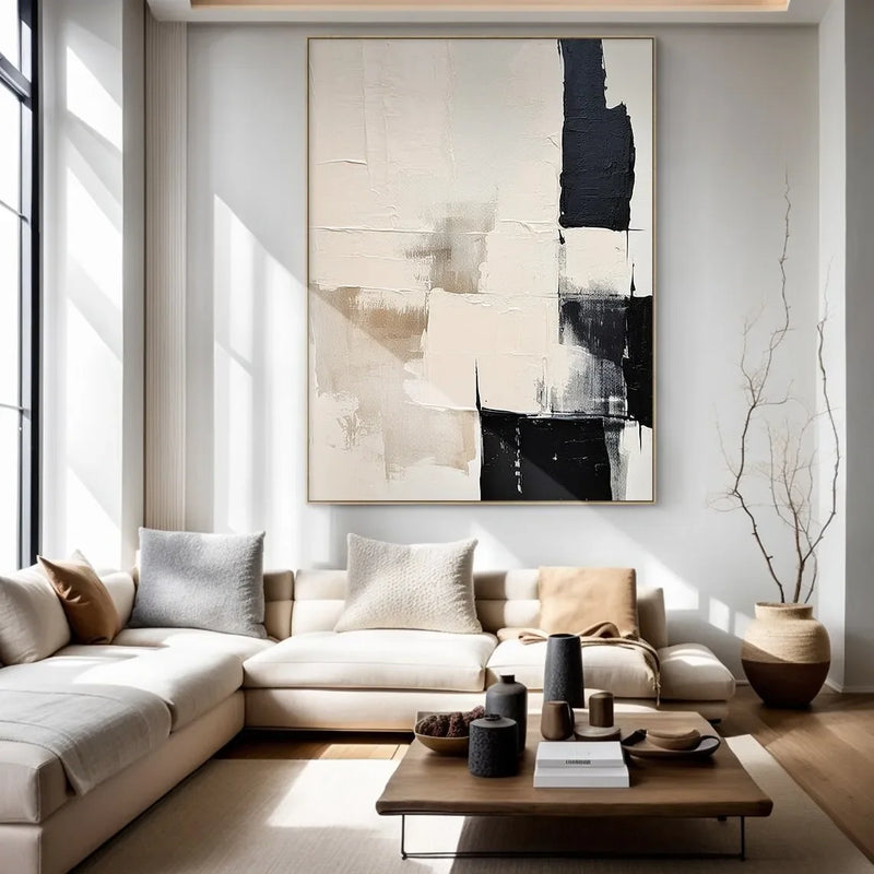 Large Canvas Black Beige Abstract Hand Painted Painting Minimalist Textured Wall Art Handmade Canvas Painting Living Room Decor