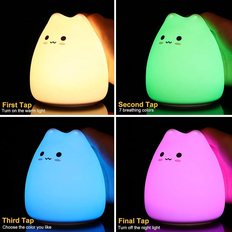 Cute Kitty Night Light,Battery Powered Silicone Lamp with Warm White & 7-Color Breathing Modes,Touch Sensor Control,Gift for Ho