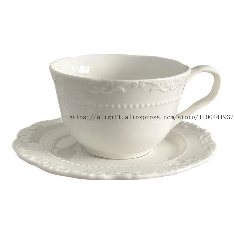 French Light Luxury Embossed Floral Coffee Cup And Plate Set Exquisite Afternoon Tea Ceramic Cup