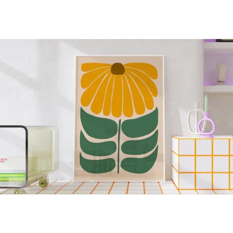 Retro Sunflower Art Print, Unframed, Neutral Boho Abstract Home Decor, Botanical Gallery Wall Art Print Canvas Poster