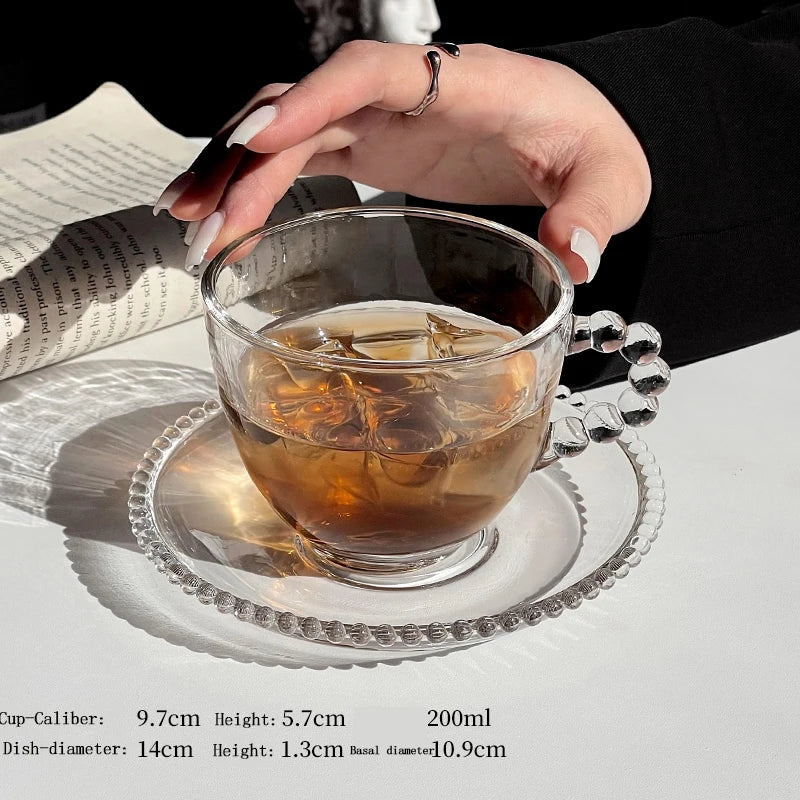 195/200ml Retro French Glass Coffee Cup And Plate Home Afternoon Tea Beads Handle Breakfast Milk Cup Dish Flower Cup Saucer Sets