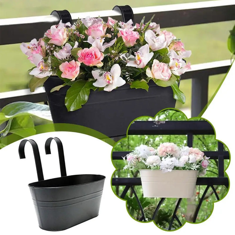 Black Metal Iron Hanging Flower Pots Outdoor Plants Planter Modern Boho Style Wall Mount Window Box Decks Railings Fence Buckets