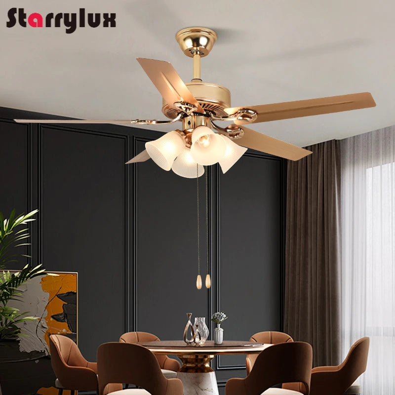 5-Blade LED Ceiling Fan Light, Wood/Metal Blades, Glass Shade, Vintage Style Fan Lamp, for Bedroom/Living Room