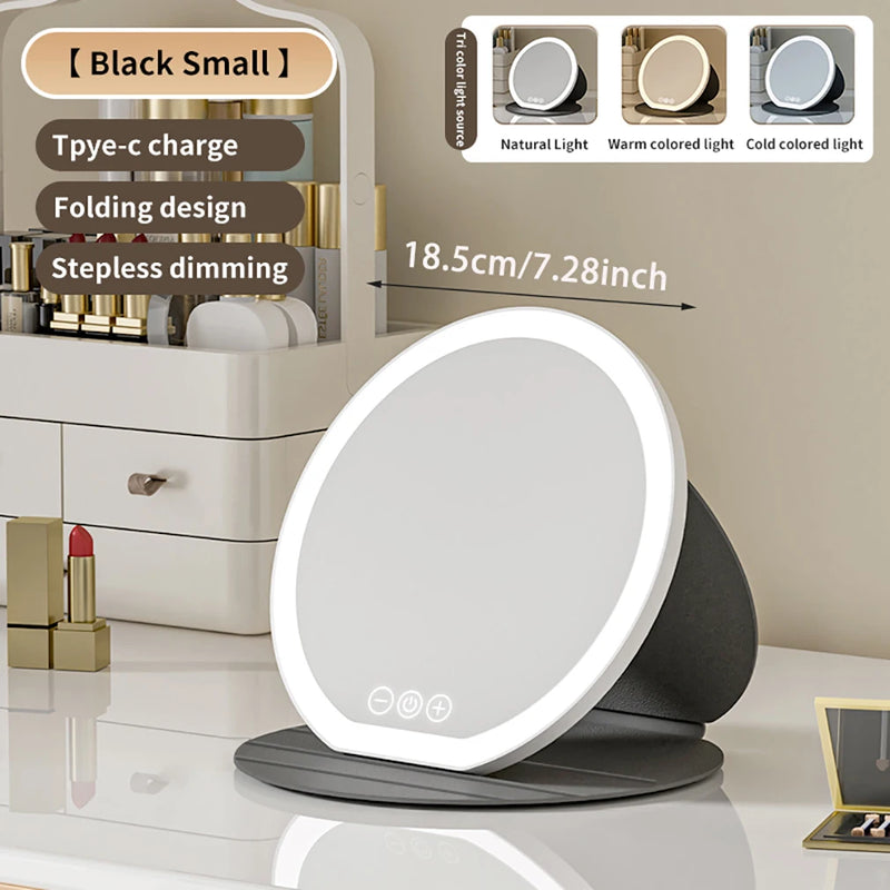 3 Color LED Makeup Mirror Dimmable with Touch Screen Fold Adjust Cosmetic Mirrors 8.66 & 7.28inch for Tabletop Travel & Home Use