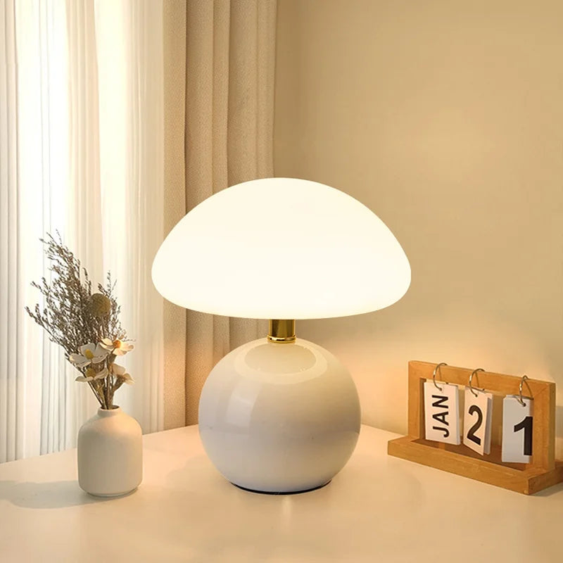 Mushroom small table lamp cream roller molded ceramic atmosphere lamp eye protection LED lamp bedroom headboard decoration light