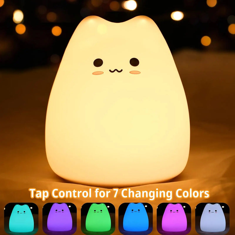 Cute Kitty Night Light,Battery Powered Silicone Lamp with Warm White & 7-Color Breathing Modes,Touch Sensor Control,Gift for Ho