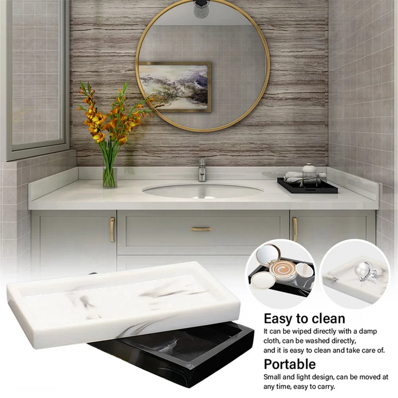 Marble Pattern Resin Tray Non Slip Rectangular Plate Countertop Bathroom Soap Shampoo Storage Tray Home Decor,Black