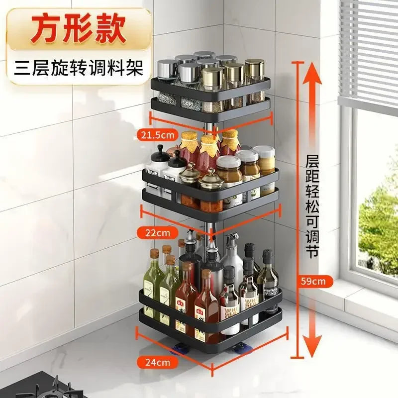 Kitchen Rotatable Storage Rack Condiment Holder Salt Oil Sauce Vinegar Spice Jar Rack Seasoning Storage Box Organizers Shelves