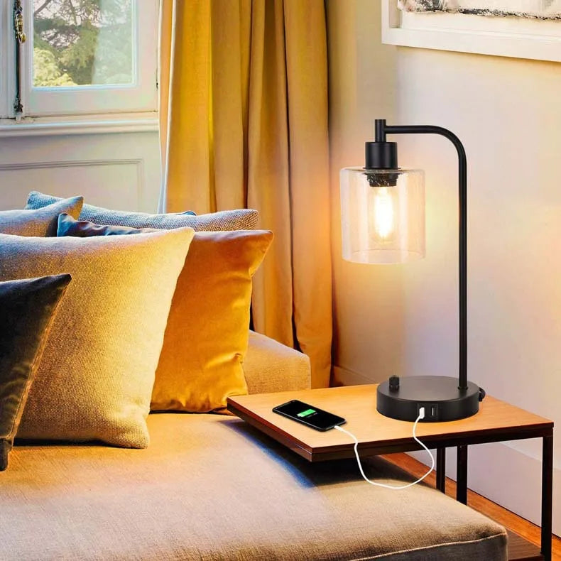 Minimalist Modern Industrial Retro Glass Table Lamp Knob Dimmer Switch USB Mobile Phone Charging Bedroom Bedside Night Light