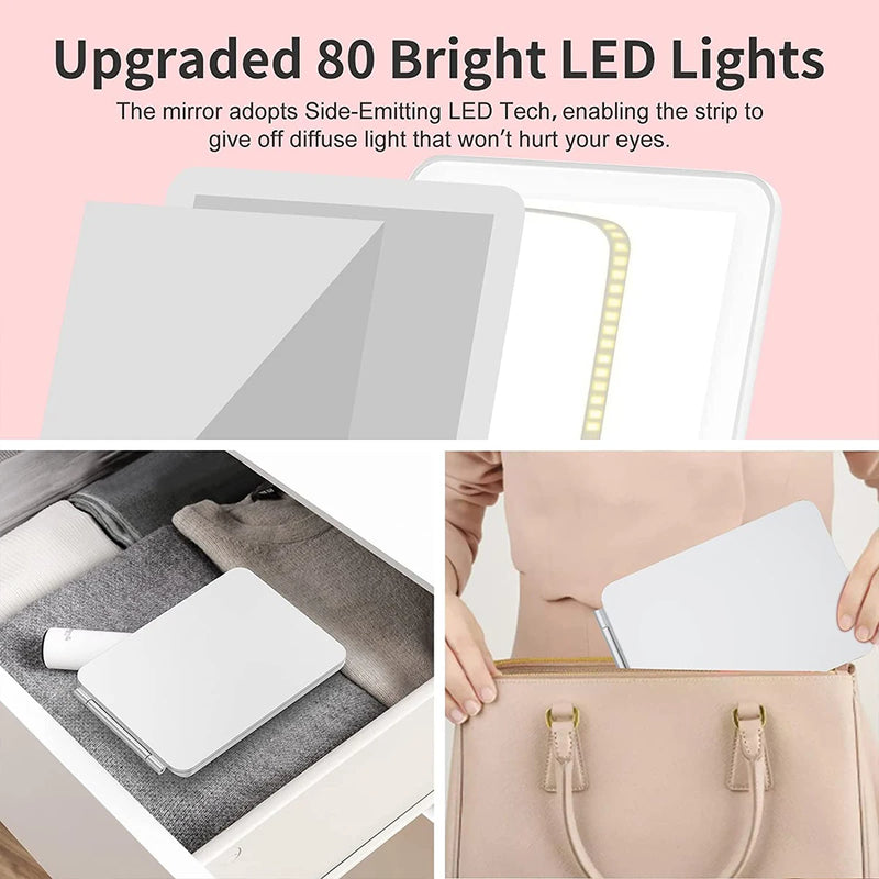 Folding Travel Mirror with 80 LEDs Ultra Thin Makeup Mirror Dimmable Touch Screen USB Rechargeable Portable for Makeup