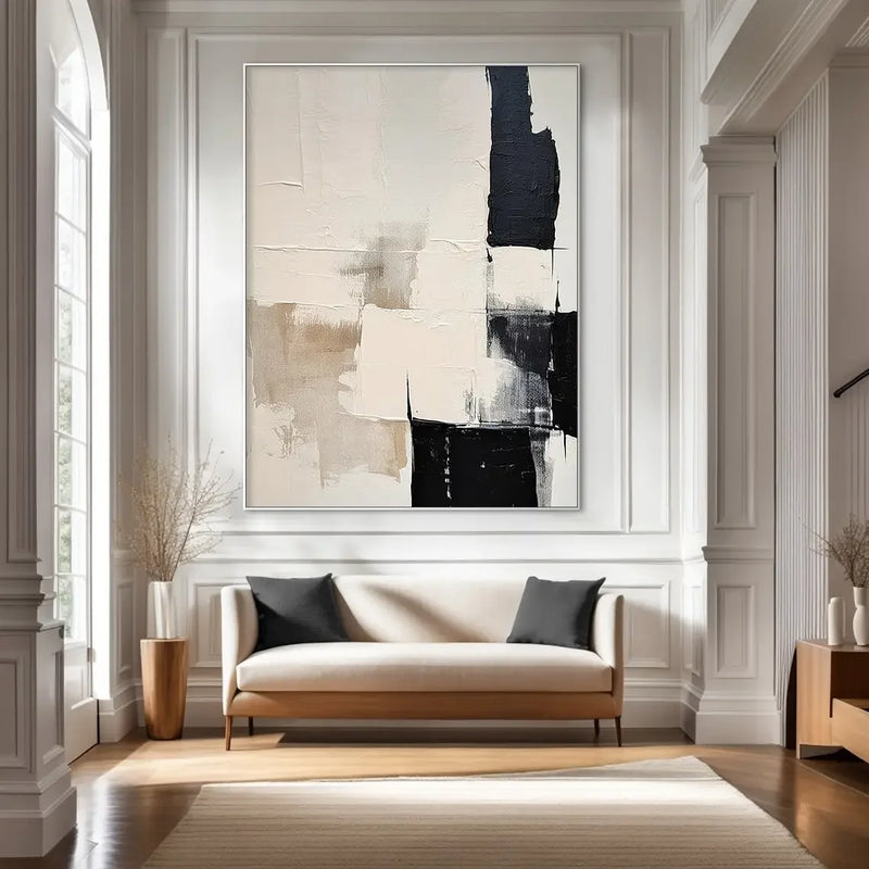Large Canvas Black Beige Abstract Hand Painted Painting Minimalist Textured Wall Art Handmade Canvas Painting Living Room Decor