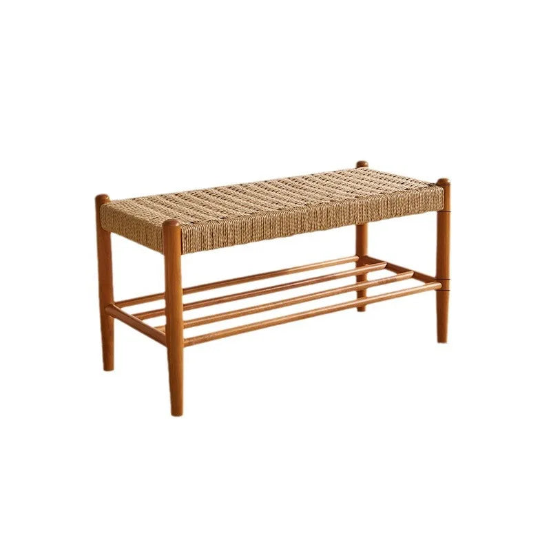 Solid Wood Rattan Woven Shoe Stool Retro Style Porch Shoe Rack Shoe Changing Stool Furniture Blending Tradition with Modern