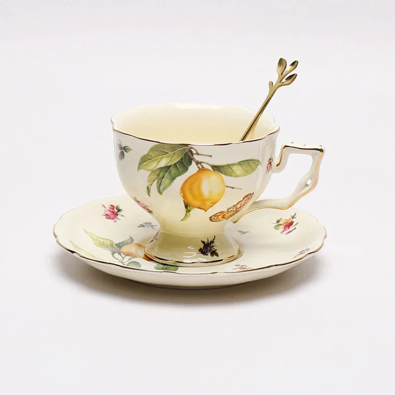 European Style Ceramic Mug Coffee Cup and Saucers Set Lemon Pattern Retro Afternoon tea cup Dessert Plate Teapot Home kettle