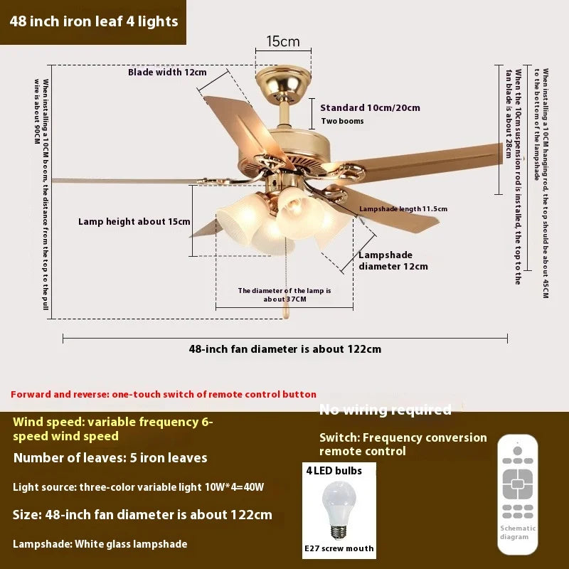 5-Blade LED Ceiling Fan Light, Wood/Metal Blades, Glass Shade, Vintage Style Fan Lamp, for Bedroom/Living Room