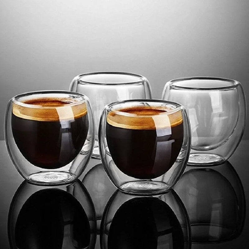 Double Walled Glass Coffee Mugs Glass Mug Double Wall Cappuccino Cocoa Milk Cups, 2.7oz Of Set 6 Coffee tea Mugs, Clear Glasses