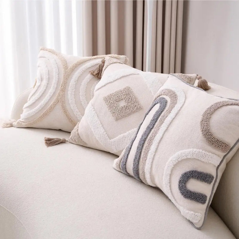 Unique Boho Throw Pillow with Braided Rope Pattern Handmade Tassels Cushion Soft Cotton Linen Textured Cushion for Sofa Bed