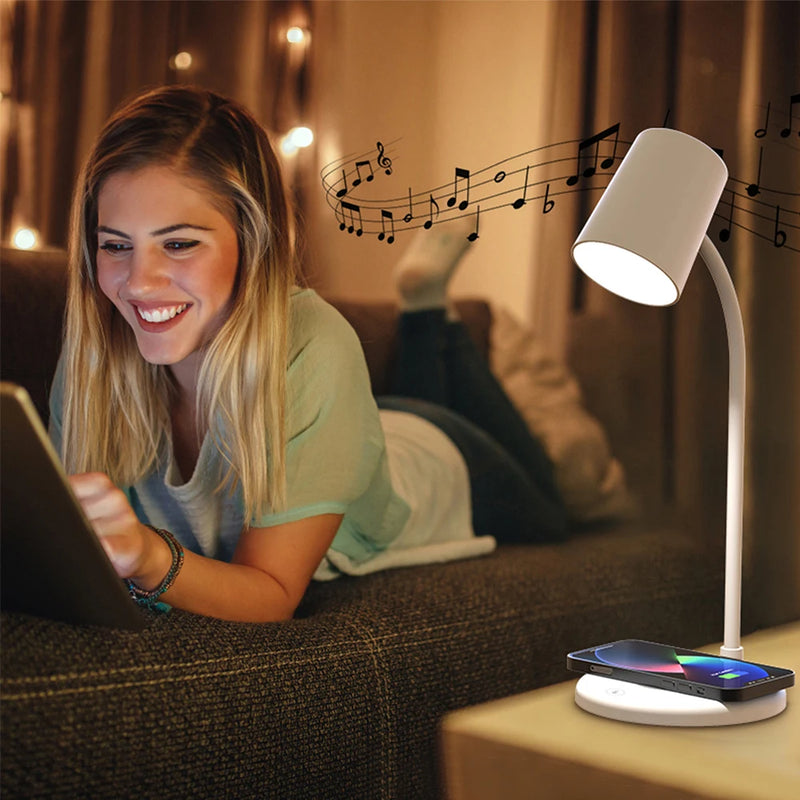 Dimmable LED Table Lamp Bluetooth Speaker with Fast Wireless Charger 360 Rotate Eye Desktop Reading Night Lights
