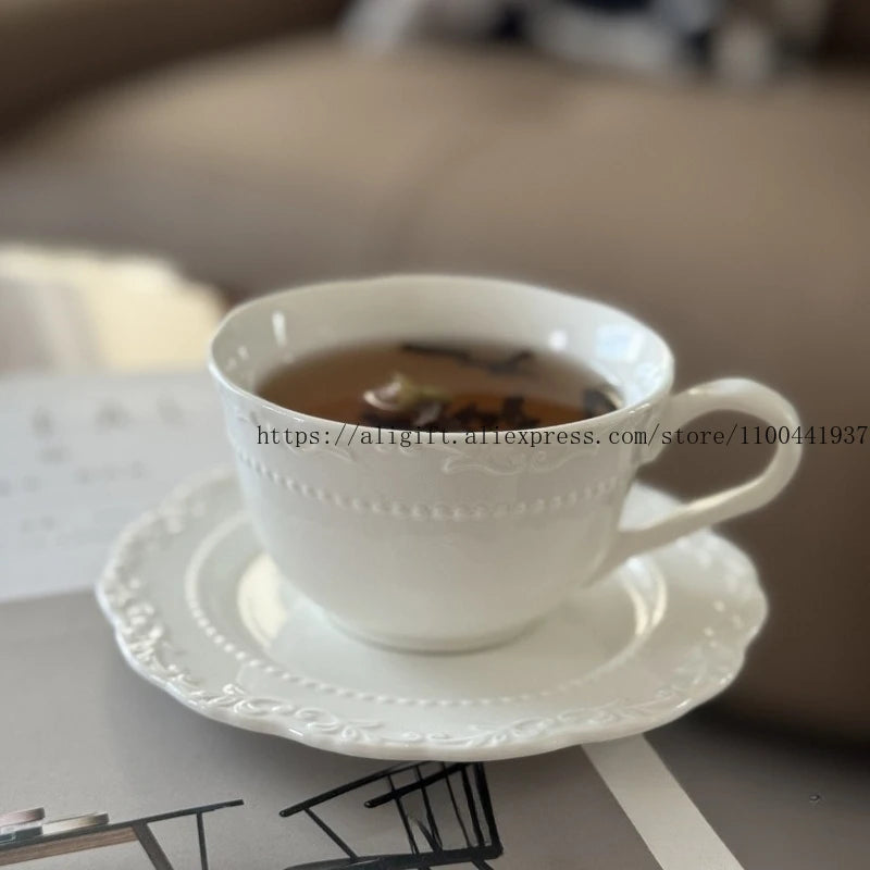 French Light Luxury Embossed Floral Coffee Cup And Plate Set Exquisite Afternoon Tea Ceramic Cup