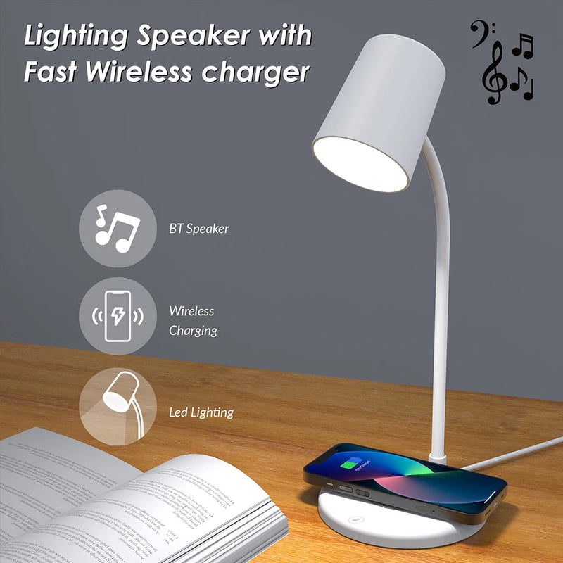 Dimmable LED Table Lamp Bluetooth Speaker with Fast Wireless Charger 360 Rotate Eye Desktop Reading Night Lights