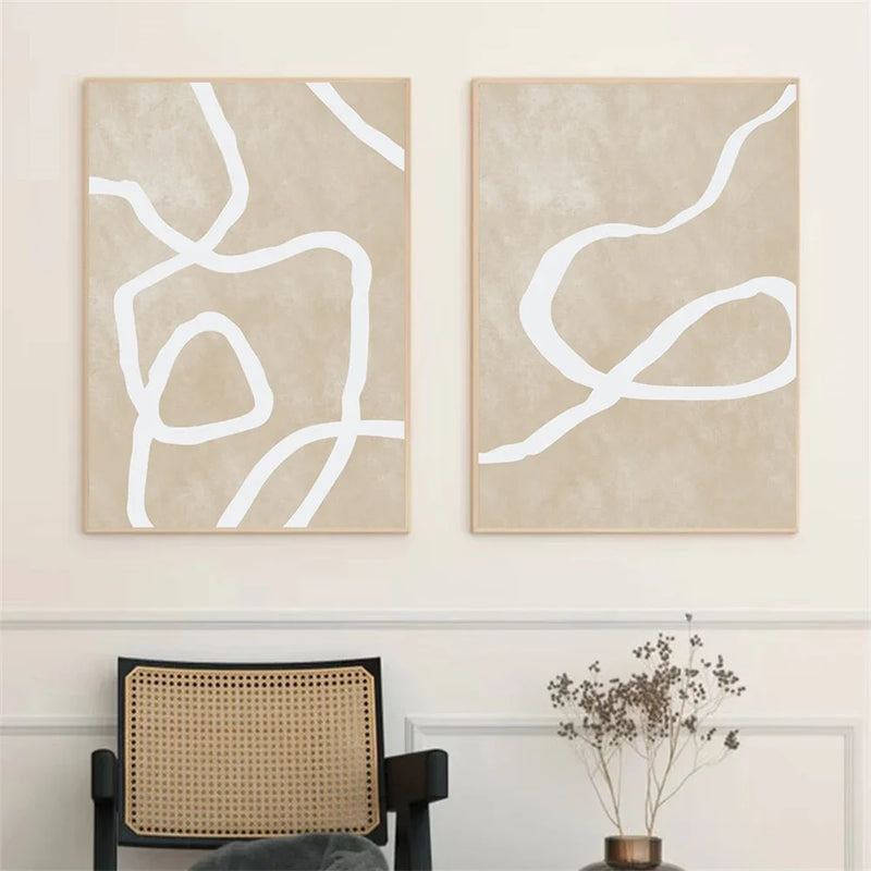 Neutral Boho Beige Posters Abstract White Lines Wall Art Canvas Painting Prints Pictures Modern Living Room Interior Home Decor