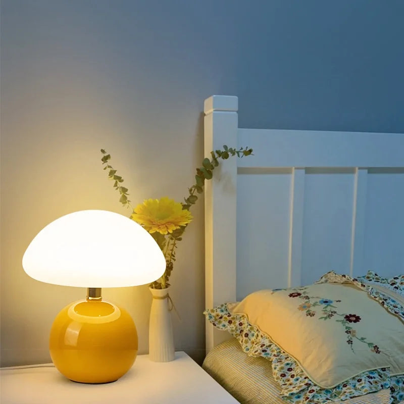 Mushroom small table lamp cream roller molded ceramic atmosphere lamp eye protection LED lamp bedroom headboard decoration light