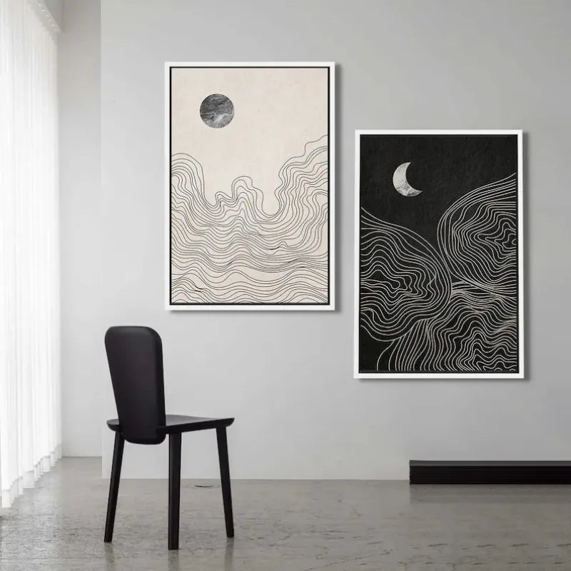 Abstract Neutral Boho Sun Moon Line Art Canvas Painting Print, Black and White Picture Artwork, Modern Minimalist Room Decor