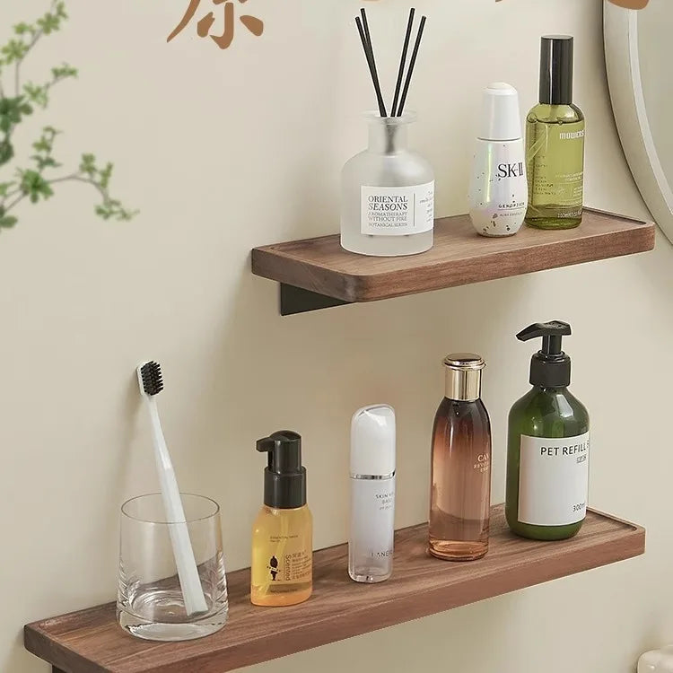 Walnut Storage Rack Bathroom Solid Wood Panel Layer Board Wall Mounted Storage Rack Bathroom Straight Board