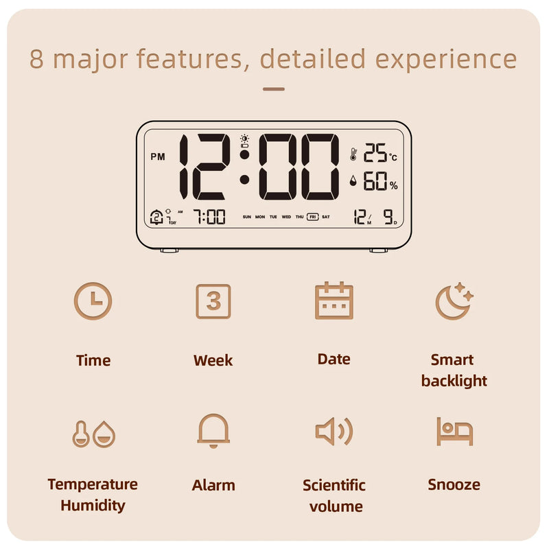 8001-EN Multifunctional Digital Clock LED Brightness Adjustable Temperature Humidity Displaying Alarm Clock with Dual Alarms