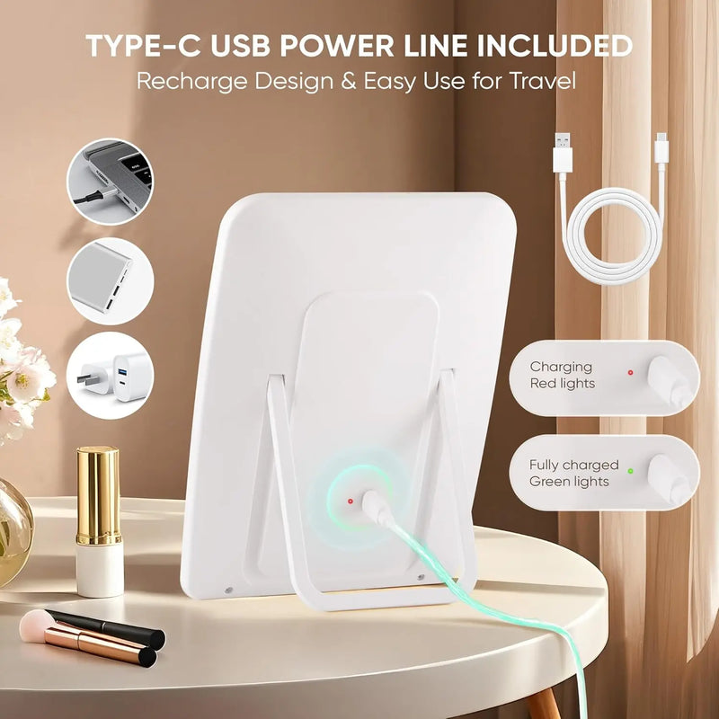 LED Compact Rechargeable Makeup Mirror with 3-Color Lighting, Dimmable Touch Screen, Lighted Travel and Tabletop Cosmetic Mirror