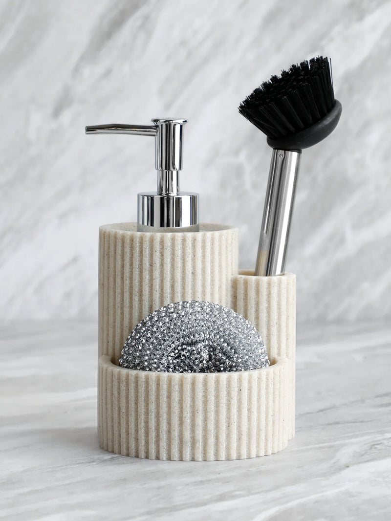 Kitchen Soap Dispenser Detergent replacement bottle Sink Dish Washing brush Sponge Holder 3 in 1 Includes sponge and brush