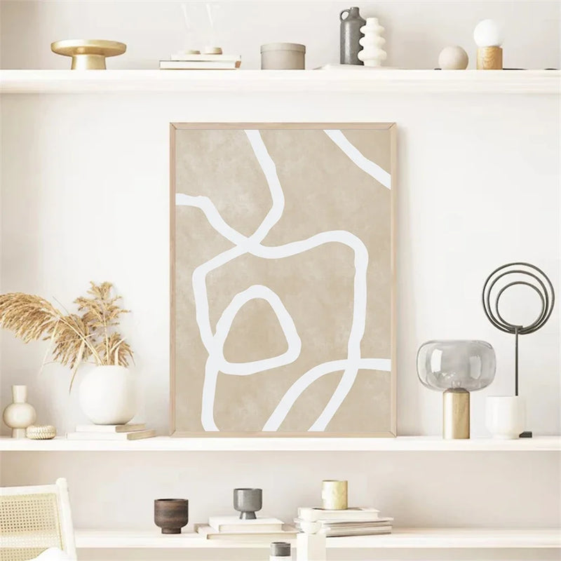Neutral Boho Beige Posters Abstract White Lines Wall Art Canvas Painting Prints Pictures Modern Living Room Interior Home Decor