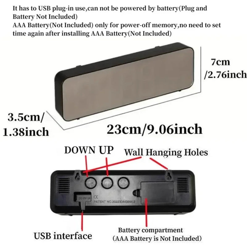 9 Inch LED Wall Clock with Temp & Humidity Display USB Plugin Night Mode & Snooze 12/24H Format