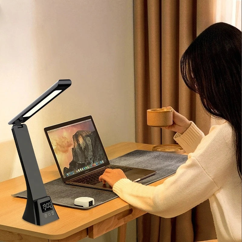 Multifunction LED Desk Lamp with Wireless Charger Digital Clock  Alarm USB 3 Colors Dimmable Study Light for Office Bedroom