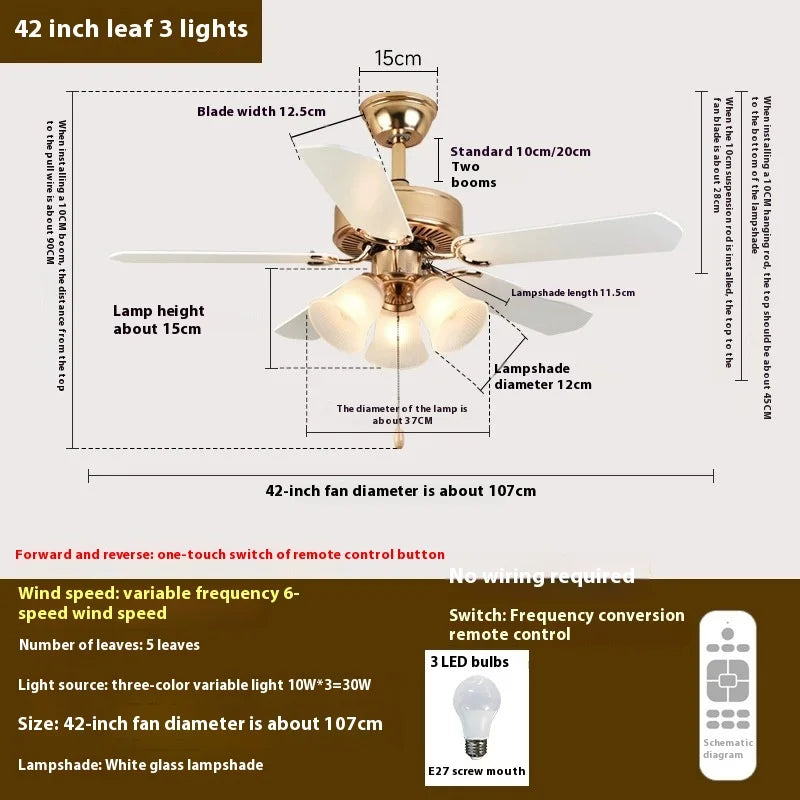5-Blade LED Ceiling Fan Light, Wood/Metal Blades, Glass Shade, Vintage Style Fan Lamp, for Bedroom/Living Room