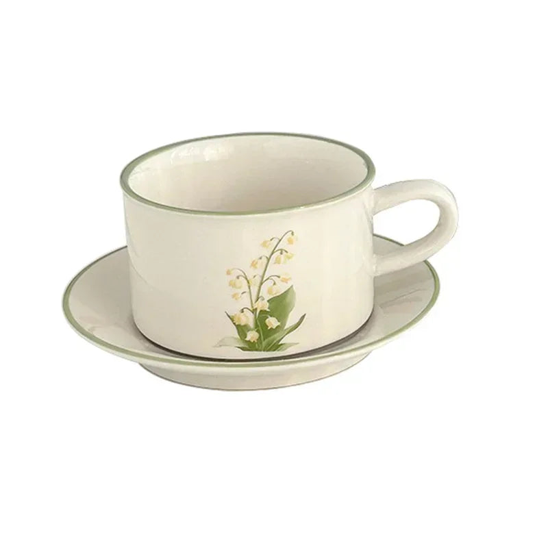 380ML Coffee Cups Saucer Set Retro Ceramic with Handle Lily of The Valley  Luxury Afternoon Tea Cup and Saucer Milk Mocha Cup